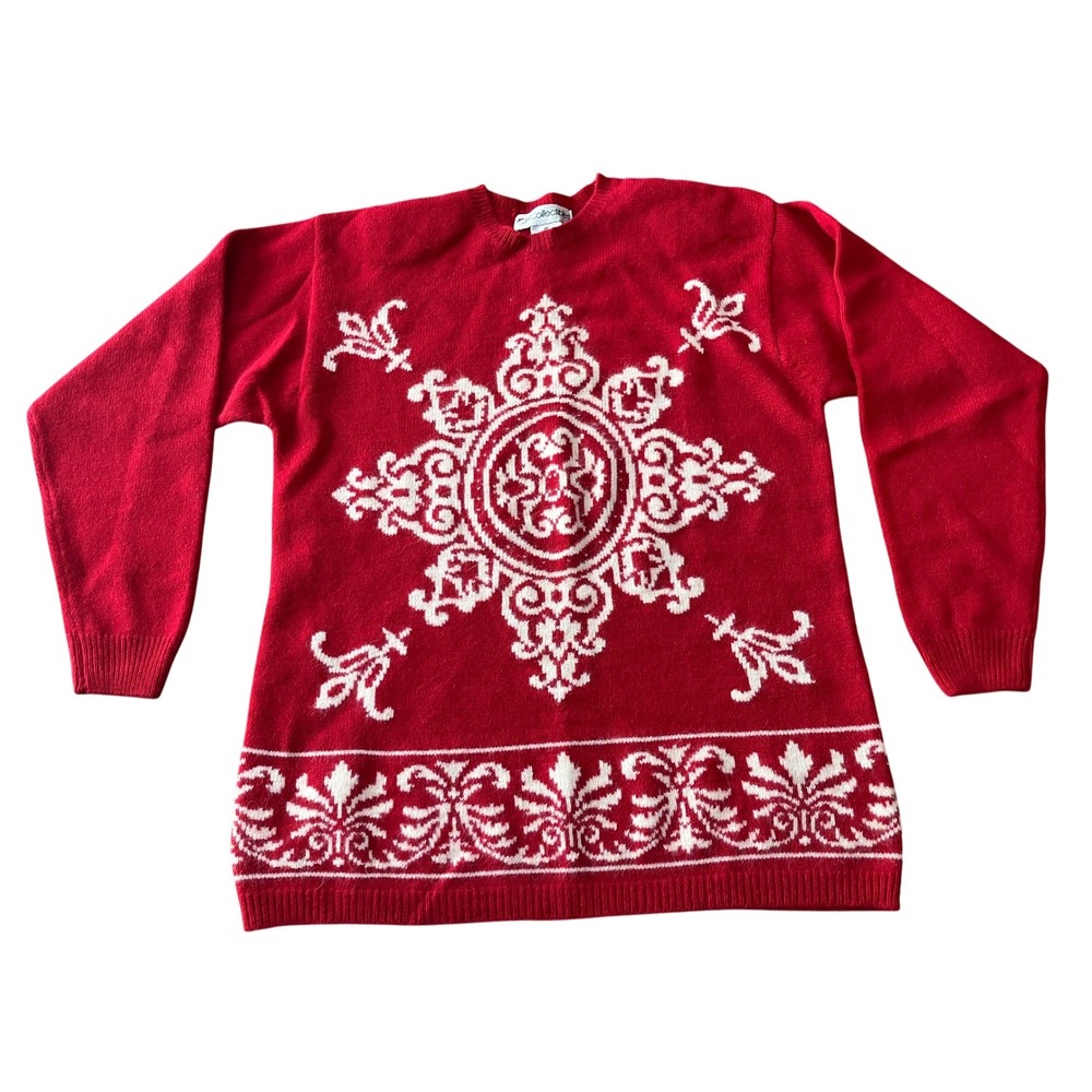 JH Christmas Red Lambswool Angora‎ Snowflake Vintage Sweater Womens M